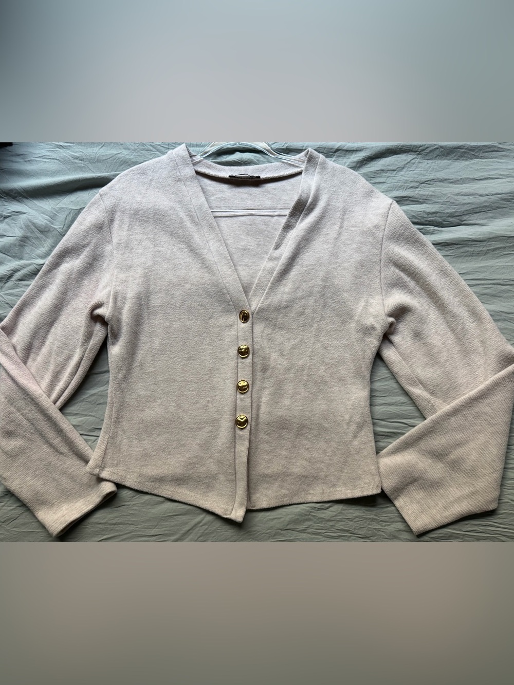 Title: Zara Oatmeal Knit Cardigan with Gold Buttons - L
